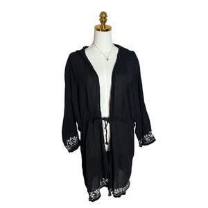 Peppermint Bay Black Cotton Gauze Hooded Swim Cover Up Embroidered Plus Size 2X